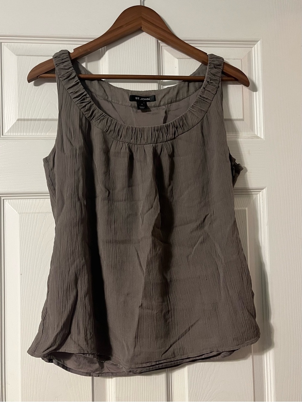 St. John $395 100% silk. Taupe Ruffled Scoop Neck Sleeveless Top. Gently used.